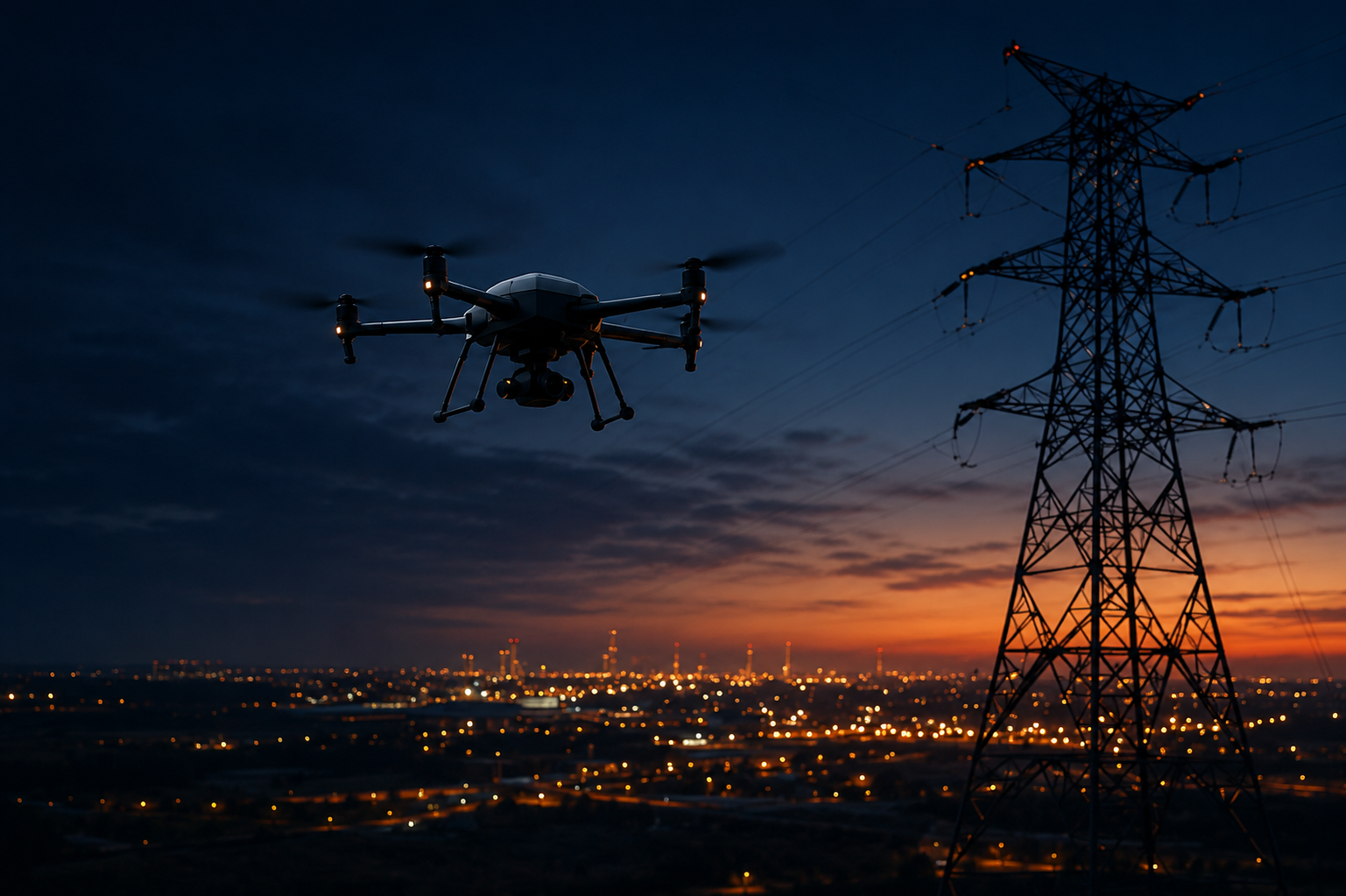 Energy and utilities: solar, wind, and industrial generation at dusk and dawn