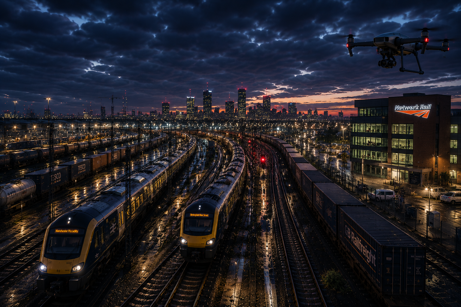 Rail infrastructure: drone over tracks, rolling stock, and network hub