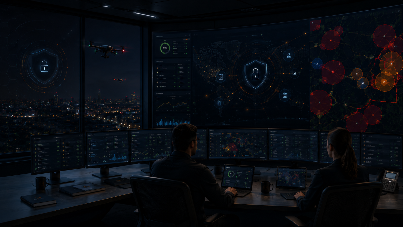 Enterprise drone operations security control room with governance and compliance dashboards