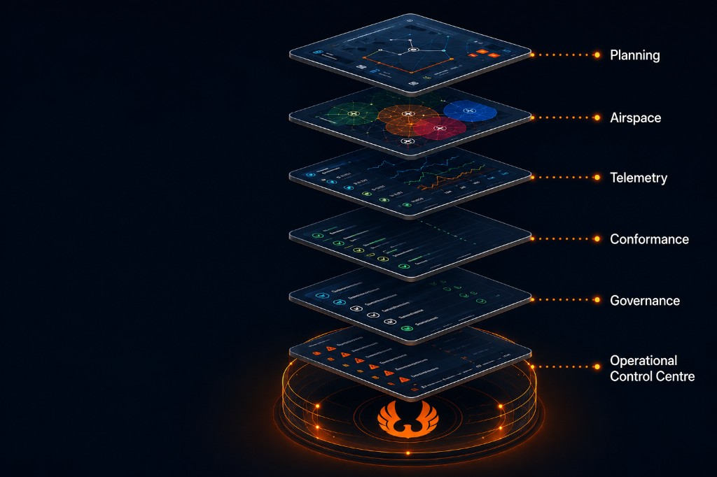 Isometric stack from planning and airspace through telemetry, conformance, governance, to the operational control centre