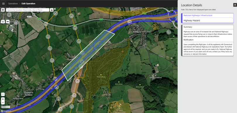 Dronecloud Edit Operation map showing National Highways infrastructure hazard layer and operational summary panel
